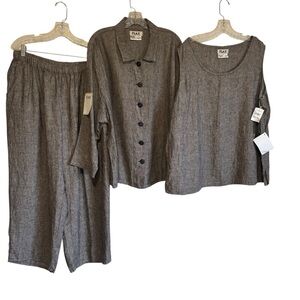 FLAX bundle outfit button-down top sleeveless top & pants blackened linen 1X/2X